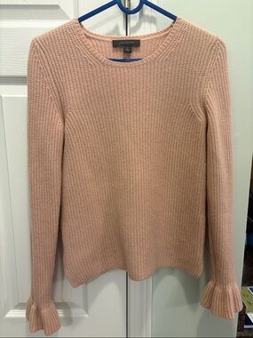 Ann Taylor Blush Pink Ruffle-Cuff Ribbed Crew Sweater Wool 95% Cashmere 5%
